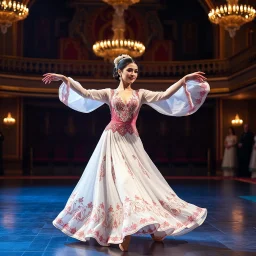 For a known Azeri female dance choreography, the most iconic and recognizable style is the **"Naz Elama"** or the **"Lale" (Tulip)** dance. These dances are characterized by fluid, swan-like arm movements, intricate hand gestures, and a very smooth "gliding" step where the dancer appears to float across the floor. in a modern huge stage in a royal hall