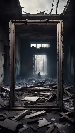 The frame opens to abandoned ruined buildings, an atmosphere of horror