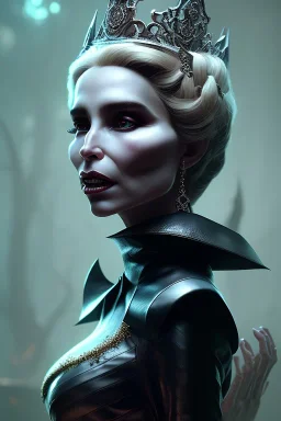 Constance Langdon as evil queen in black leather, leather, busty, cleavage, angry, stern look. character design by cory loftis, fenghua zhong, ryohei hase, ismail inceoglu and ruan jia. unreal engine 5, artistic lighting, highly detailed, photorealistic, fantasy