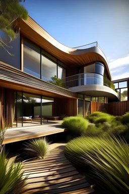 Exterior: Fluid lines: The house eschews sharp corners, instead flowing organically like sculpted sand dunes. Walls undulate gently, catching the sunlight in playful waves. Natural materials: Timber, weathered silver by the sun, blends seamlessly with glass walls that reflect the surrounding bushland. Large timber verandas extend from the upper floor, casting cool shadows in the midday heat. Sunlight dance: Clerestory windows slice through the roof, flooding the interior with dappled light that
