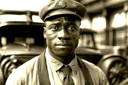 ww1 black driver talking close-up standing up looking to the camera, ww1 garage background