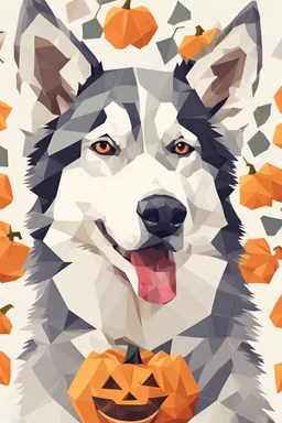 portrait of a happy husky with pumpkins in polygon art