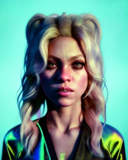 portrait, Shakira, blonde artist, angry, Realistic image, MMA robe, hoodie, mma gloves, fight pose, make-up make-up, gold line make-up, sweat, fog, goddess style, Neon colors, leds. Black background, photo studio, concept art, smooth, unreal engine 5, god lights, ray tracing, RTX, lumen lighting, ultra detail, volumetric lighting, 3d, finely drawn, high definition, 4k.