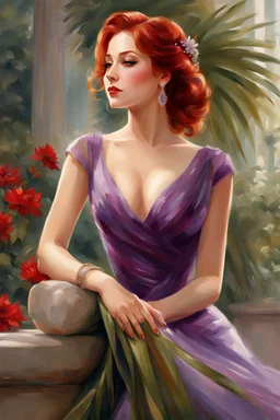 elegance, beautiful woman, 18 years old,,with a side view, tiny, luxuriant, center, single luxuriant purple dress, red hair, render indoor palm, white background,32k, ultra high definition,oil painting, white background, clipart, thomas kinkade, blushing, masterpiece, unique, breathtaking, Best Artist, Cinematography, Soft Lighting, Cute and well loved, Creative, Ultra detailed