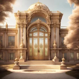 a glass walled palace with a a big lock in the main door