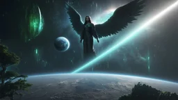 matrix universe, space, planets, god creation, angels from other dimensions with beautiful wings, trees on the planet, behind green crystals of light, few tiberium monolith deposits on the planet near tree,