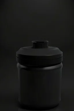 Black protein powder container, lid besided the container, screw lid, round container, black studio, black background, dark setting, no labels on the container, very detailed, realism, high quality