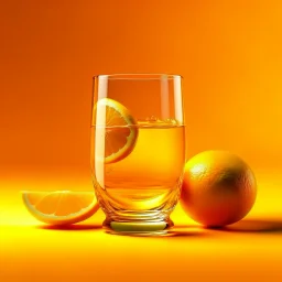 Orange background, a transparent glass orange with a ship swimming in the middle of the orange juice