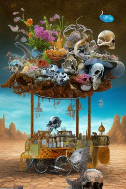 Surrealism abstract scene of an astraunot in the desert drinking tea, an ice cream stand, broken tricycle,.dead fish, black crow, a cow and a skull, hyper realistic, 8k quality, striking colours