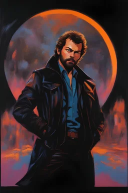 Timothy Curry with crew-cut dark brown hair tapered on the sides, bangs over the forehead, goatee, bushy eyebrows, blue eyes, wearing a leather jacket - resembles Elvis Presley, pitch black background with an overhead spotlight effect, extremely colorful, oil painting by Frank Frazetta