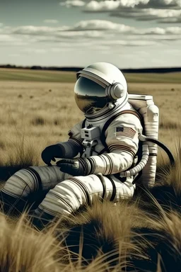 An astronaut sitting in the field.