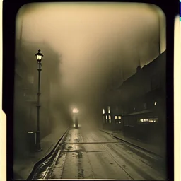 Dark street creepy fog colours strong texture artistic polaroid volumetric light nightmare Yves Tanguy horror