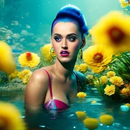 Katy Perry underwater with yellow flowers for hair, closed eyes, rtx, reflection, 8k, glow, winning photography, caustics