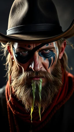 wild cowboy man with slime on face looking like tribal tattos , and eyepatch, portrait, darkness