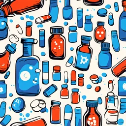 "bright blue" color scheme, the comic style, the scientific theme, a bottle of pills