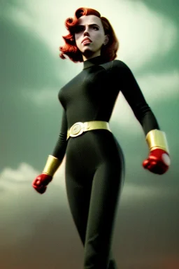 retro portrait image from 1960, sky background, wind, long red hair, fighting stance, sweet young Scarlett Johansson, black dress, classic long tight lycra black suit, gold bracelet and belt, high heel boots, superhero style, soft color, highly detailed, unreal engine 5, ray tracing, RTX, lumen lighting, ultra detail, volumetric lighting, 3d, finely drawn, high definition, high resolution.