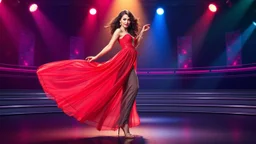 picture of very beautiful lady with makeup curvy hair pretty jeweled light red gray long dress high heels, full body dancing gracefully in modern stage,dynamic animating colored lights