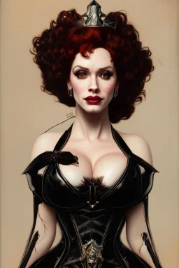 painting of christina hendricks as evil queen in black leather, feminie, angry, strong, volouptous, busty, cleavage, emperious, mature, highly detailed, digital painting, artstation, concept art, smooth, sharp focus, illustration, art by gaston bussiere and alphonse mucha