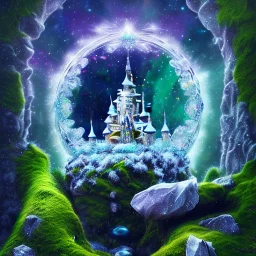 cristal angelic castle crystalline, beau , cosmic, opalescent, gemstones, crystals, other worldly,water, rock, moss,bright, ice background, neige etang bleu