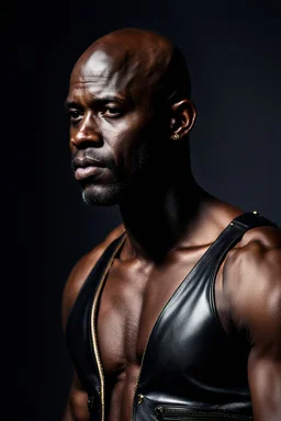 Portrait of a dark skinned and muscular heavy set man with a bald head and neatly trimmed beard with flecks of grey. he is wearing a leather waistcoat and no shirt. he has a gold earing in his left ear