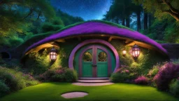 hobbit cottage in the woods surrounded by trees, night, whimsical feel, pinks, blues, purple and green colors, circular hobbit-style door with central knocker, circular hobbit-style windows, green grass roof, lanterns, starlight, chiaroscuro, quaint, homely, inviting, LOTR, Tolkien