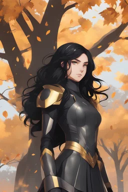 Young woman with long and wild black hair, gray eyes, wearing black and gray clothes, autumn trees in background, wearing a skirt, futuristic golden gauntlets, futuristic clothes, RWBY animation style