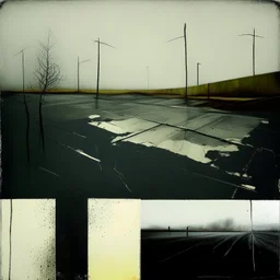 Minimal abstract oil paintings desolate 1960s carpark concrete fragments in a storm. style of Justin Mortimer and Francis Bacon. road markings.