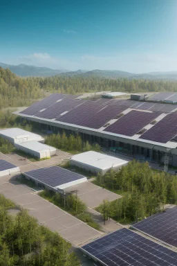 Photorealistic style. Battery energy storage next to the company with photovoltaics on the roof. Green background, photo detailed