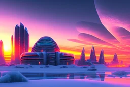 Buildings, ice, sci-fi, epic, sunset