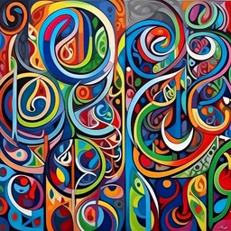 Highly detailed abstract painting of colorful Arabic letters