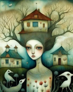 Intricately textured Amanda Clark, Catrin Welz-Stein, Zdzisław Beksiński and Dee Nickerson style mix, iridescent pastel colours; "Whimsical, bizarre, twisted, bending house on a flowering meadow, branches growing from roof, fences, many sheep," watercolor painting, meticulous detail with fine pen strokes, intricate patterns, fantasy landscape elements, fractals, dreamlike atmosphere, imaginative composition, artistic interpretation by SK, intricate linework, organic textures, sunny lighting.