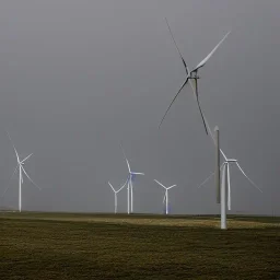 Thousands vertical wind turbines. Heavy cold rain. Thunderstorm. An engineer looking up. Futuristic scenary. Gray mist.