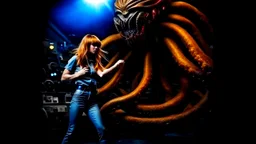 Full-body retro photo of a woman with straight hair and a Fringe, in a fight with a monster, wrapped in tenacles, in an action pose, sci-fi Background