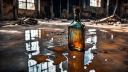 a crude empty angular glass bottle inside a puddle of (iridescent oil:1.7) on the floor of an abandoned factory workshop, side view, ink and acrylic, heavy industrial vibe, rusty backdrops