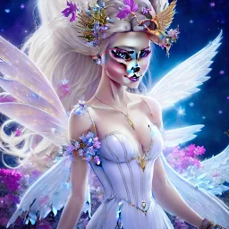 Fantasy cute fairy with wings, smiling, make up, long blond platinum hair, blue eyes, crown, beautiful dress, flowers in background, HQ