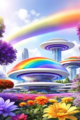 colors, very beautiful, ,flowers, garden,rainbow, cité futuriste ultra moderne, ufos