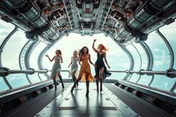 beautiful full body group of ladies with long boots and midi dress in surreal sifi 30 th centurey space ship open air deck made of fractal random size modern mechanical metalic basic objects with helical colors,geers, in clothing similar to environment full body dancing to camera