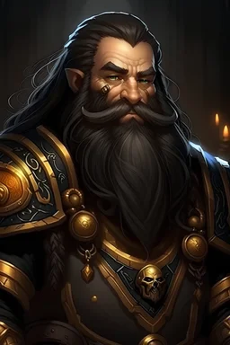 a dwarf with long black braids in a big, trimmed black beard. He has a big nose. Big bushy black eyebrows. He is dressed as a Paladin in a fantastic medieval style. He wears golden paladin armor. With a war materiel.