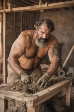 portrait shot photography of an ugly 48 year old chubby big robust burly arab carpenter working on the mud, dirty and wet, tattoo, wearing bulging shorts, shirtless, hairy chest, serious, very virile, short beard, curly hair,, , in a sunny construction work area, photorealistic , photorealistic