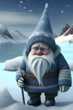 A middle-aged grey-skinned Gnome going through their midlife crisis and vacationing in the arctic. The background is of a frozen tundra.