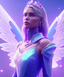 A crystalised queen, atmospheric, realistic, unreal engine, cinematic lighting, octane render. blue, pink, transparency, light, shine,bright, full body, transparent wings, blonde, long hair, nice smile