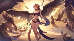 Highly detailed medium shot of a bird, sand, hot, cute, feathers, wings, tail, sun, large