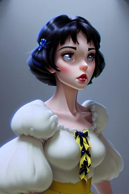 4K Ultra-HD, Hyper realistic, cinematic lighting -- Snow White, short, bowl-cut black hair, blue eyes, Yellow skirt, blue blouse with short poofy sleeves, extremely pail skin, Rose pedals, wild animals, Castle, Full body image -- 4k, stunning, dramatic lighting, dramatic background, cinematic, atmospheric, very detailed, historic, powerful, octane rendering, exquisite detail, 30 - megapixel, 4k, 85 - mm - lens, sharp - focus, intricately - detailed, long exposure time, f8, ISO 100, shutter - s