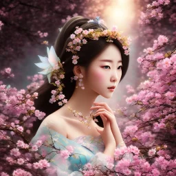 japanese fairy, beautiful portrait, flowery landscape