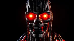 Logo emission radio metal. 4k full realism, ultra details, lumieres maximum. Ombres ultra. Terminator robot. En fond un studio de radio en feu