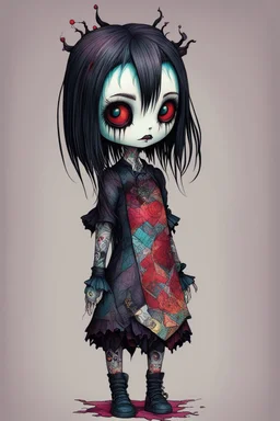 full color, full body illustration of a goth vampire girl as a patchwork cloth doll toy , art in the style of Alex Pardee, spirited away, studio ghibli, , 8k , finely detailed and precise line work,