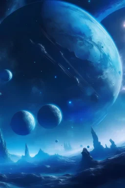 A3 format spray paint planets with nebula in the background all in blue tint. Add some ancient spaceships and shipwrecks