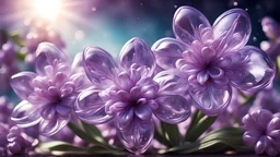 Surreal lilac glass flowers, ultra detailed, ultra realistic, extremely realistic, intricate, photorealistic, epic composition, masterpiece, beautiful landscape, sunlight. space background