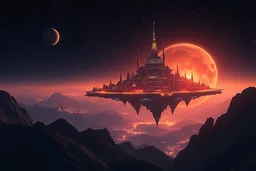 a sci-fi fantasy floating city, very dark in space, a bit far, colorful cosmic atmosphere with stars only, high quality view from a distance