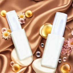 two cosmetics bottles are on a silk fabric, behind a beautiful floral spring floral background, the picture is top view, in the background there are beautiful soap bubbles, molecules and honeycombs, high-quality picture, top view